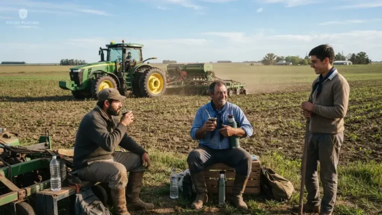 Trabajadores rurales argentinos junto a un tractor durante una jornada de trabajo en el campo.