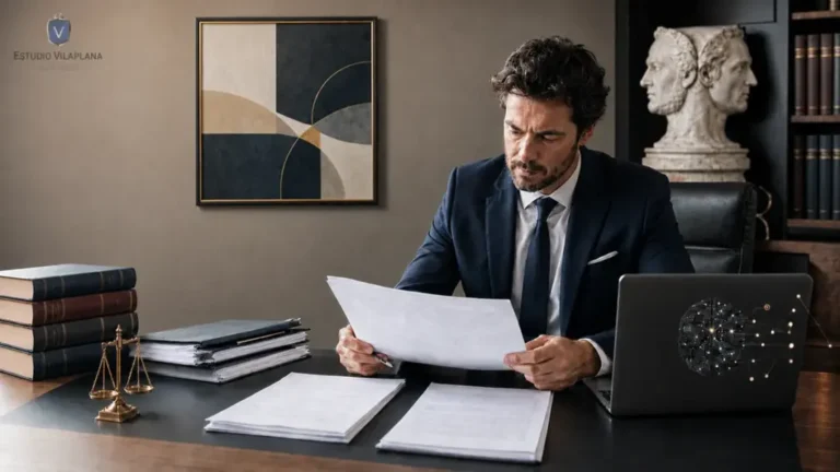 Abogado revisando documentos con inteligencia artificial y una escultura de Jano en su estudio