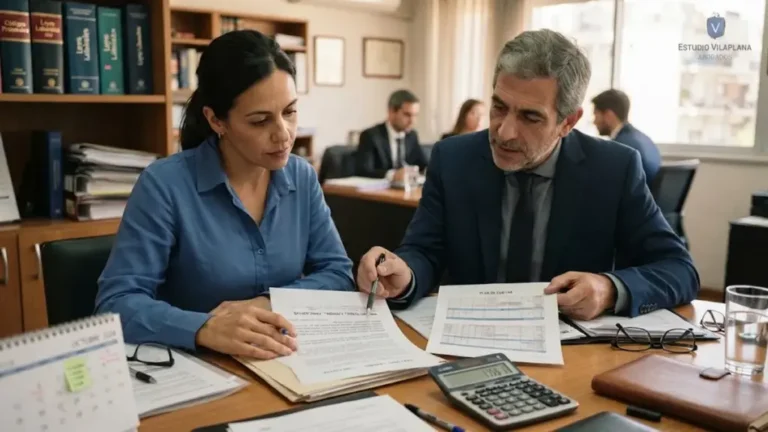 Trabajadora y abogado revisando una sentencia laboral y una propuesta de pago en cuotas