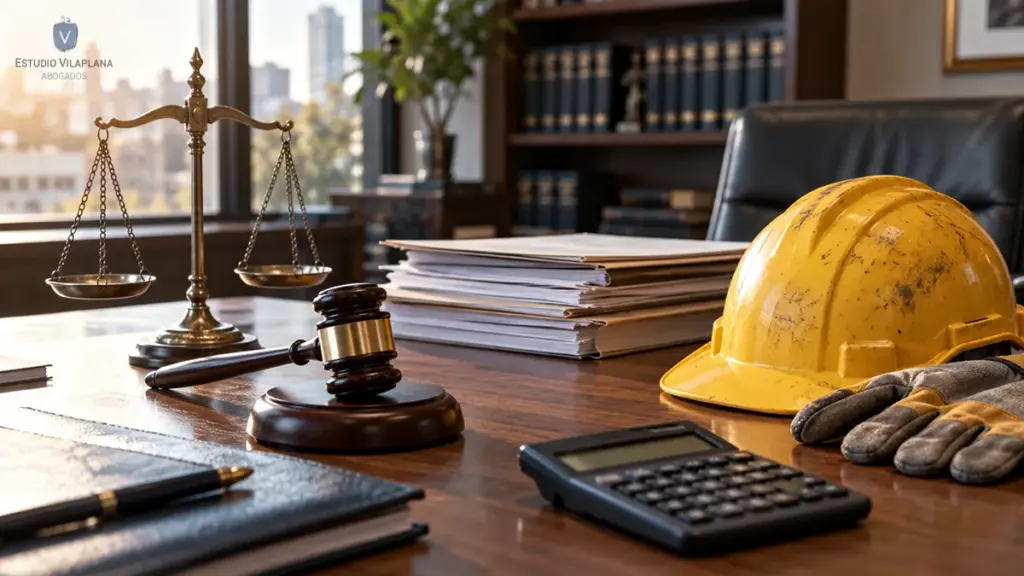 Escritorio de abogado laboralista con balanza de la justicia, calculadora, documentos y casco de obra amarillo, que representan un reclamo por accidente de trabajo