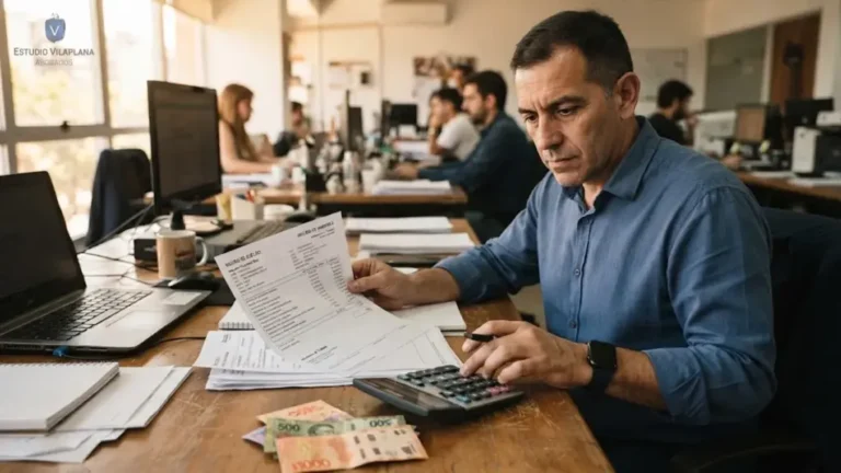 Trabajador revisando su recibo de sueldo tras el aumento del salario mínimo, vital y móvil en Argentina