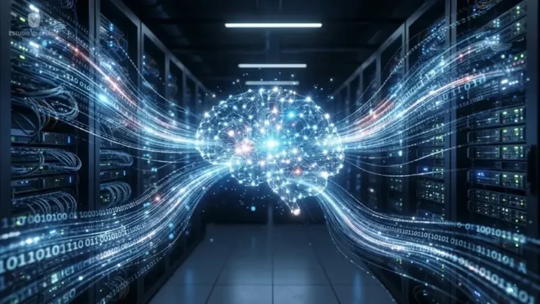 Flujos de datos digitales alimentando una red neuronal, que representan al Big Data como combustible de la Inteligencia Artificial