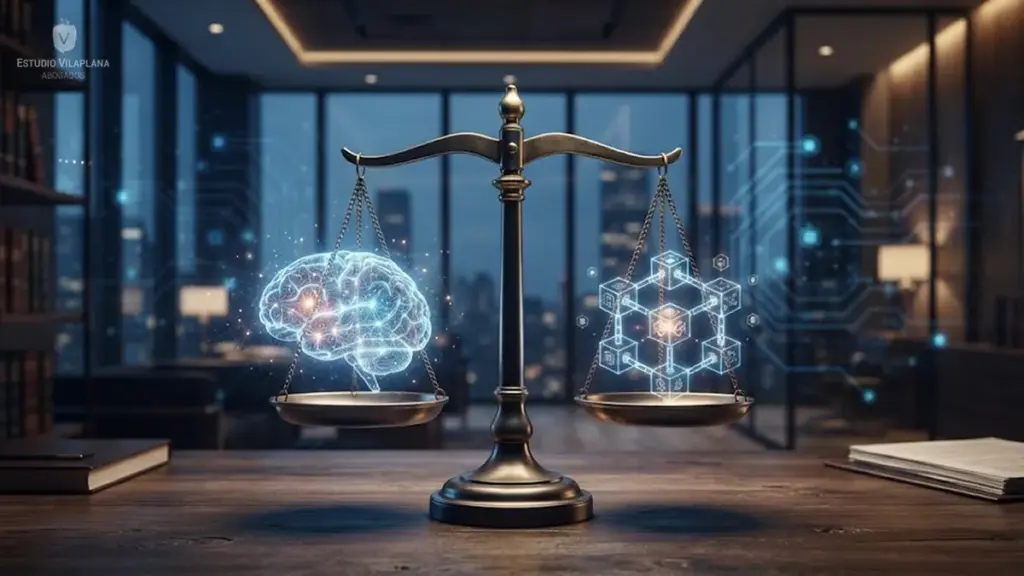 Balanza de justicia con un cerebro digital y una cadena de bloques que representan la relación entre inteligencia artificial, blockchain y derecho.
