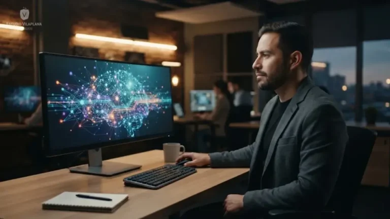 Persona observando una representación de redes neuronales y procesamiento de datos de inteligencia artificial