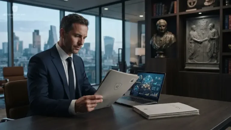 Abogado revisando documentos confidenciales de un cliente antes de utilizar una herramienta de inteligencia artificial