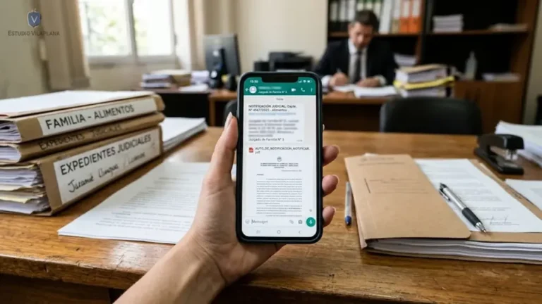 Mano sosteniendo un celular con un mensaje y un documento PDF adjunto, junto a documentos judiciales sobre un escritorio.