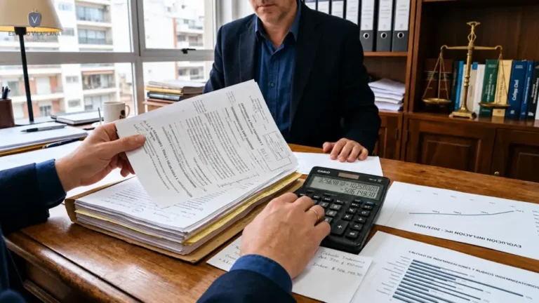 Manos de un abogado revisando un expediente laboral junto a una calculadora y documentos sobre inflación.
