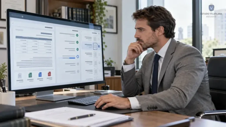 Abogado revisando documentos frente a una computadora con un asistente de inteligencia artificial.