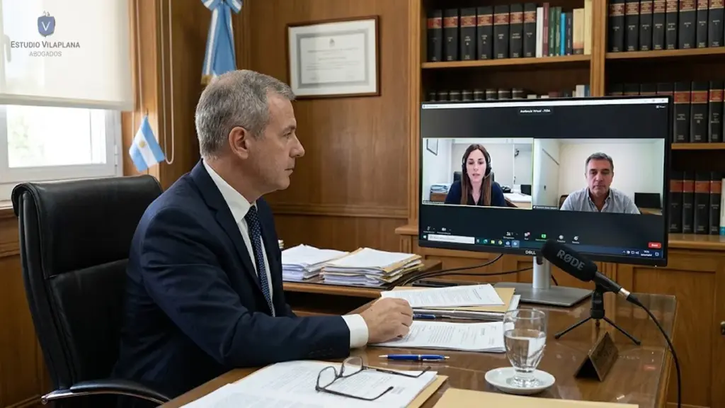 Juez en su despacho participa en una audiencia por videoconferencia con una abogada y un testigo.