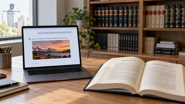 Libro abierto junto a una computadora con una interfaz de inteligencia artificial en un estudio jurídico.