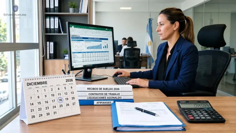 Calendario de diciembre de 2026 junto a documentación laboral y una calculadora en un escritorio empresarial.