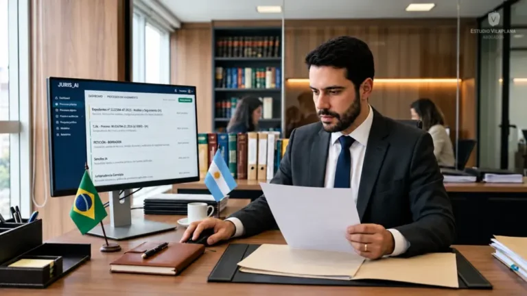 Abogado revisando documentos junto a una plataforma de inteligencia artificial, con una pequeña bandera de Brasil sobre el escritorio