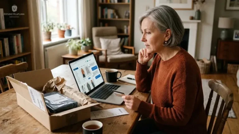 Persona revisando una compra online y consultando un asistente virtual desde una notebook.