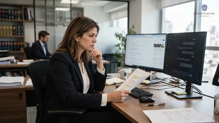 Abogado frente a dos monitores con resultados de búsqueda web y un chat de inteligencia artificial.