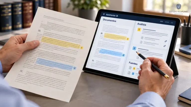 Manos comparando un documento jurídico impreso con el análisis de una plataforma de IA en una tablet.