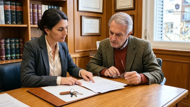 Una mujer y un abogado revisan documentos de una compraventa inmobiliaria, con llaves de vivienda sobre el escritorio.