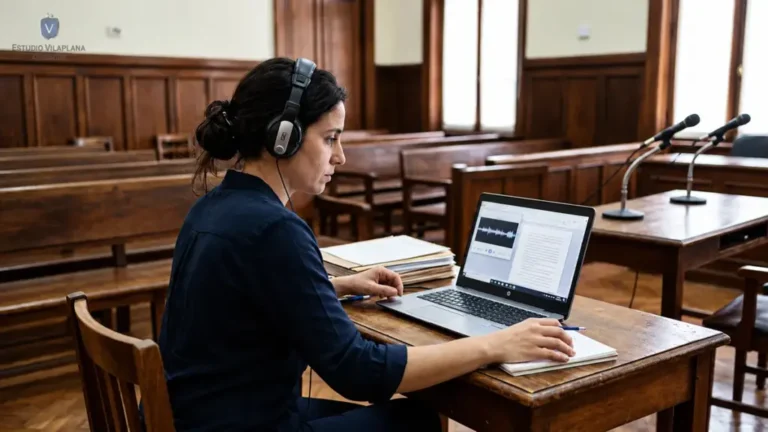 Mujer con auriculares revisa en una computadora una transcripción junto a una onda de audio en una sala de audiencias judiciales.